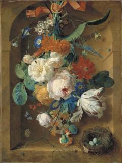 Jan Van Huysum - A Festoon of Flowers Hanging From A Red Ribbon In A Stone Niche With A Bird\'S Nest
