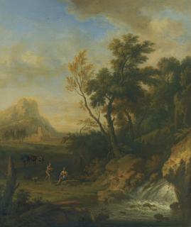 Jan Van Huysum - A Italianate Landscape With Peasants Conversing By A Waterfall, A Muleteer With His Barren Beyond