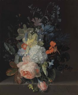 Jan Van Huysum - A Rose, A Snowball, Daffodils, Irises And Other Flowers In A Glass Vase, On A Stone Ledge
