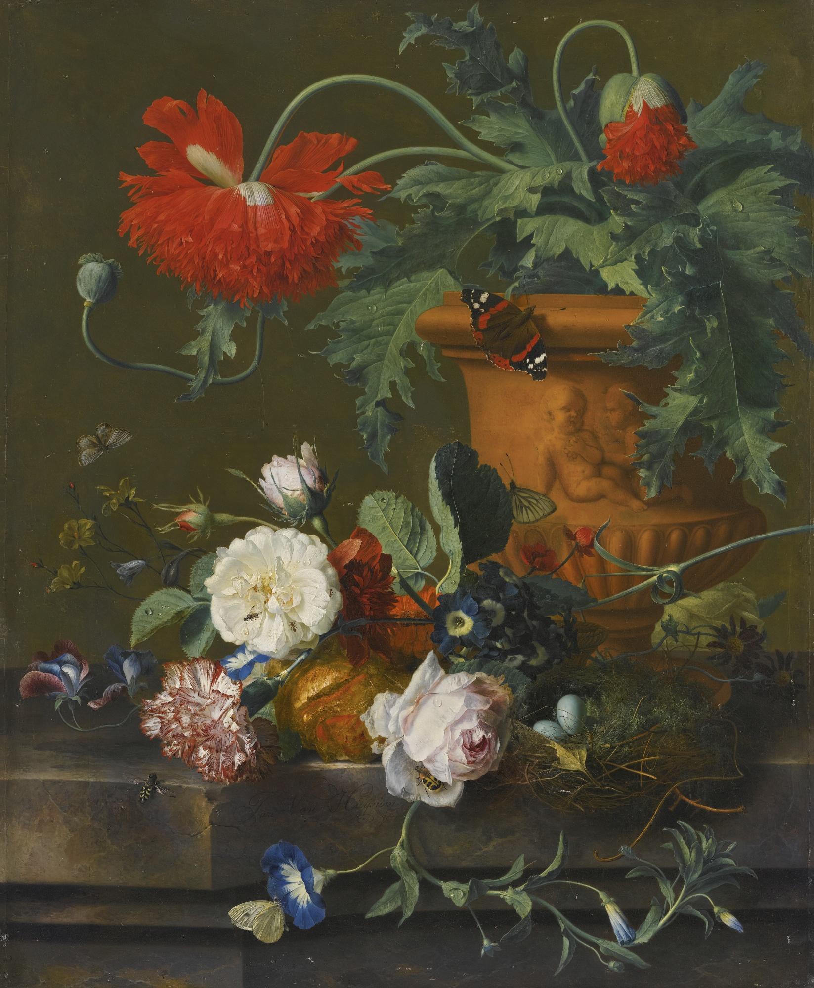 Jan Van Huysum - A Still Life Of Poppies In A Terracotta Vase, Roses, A Carnation And Other Flowers With A Bird\'S Nest On A Marble Ledge