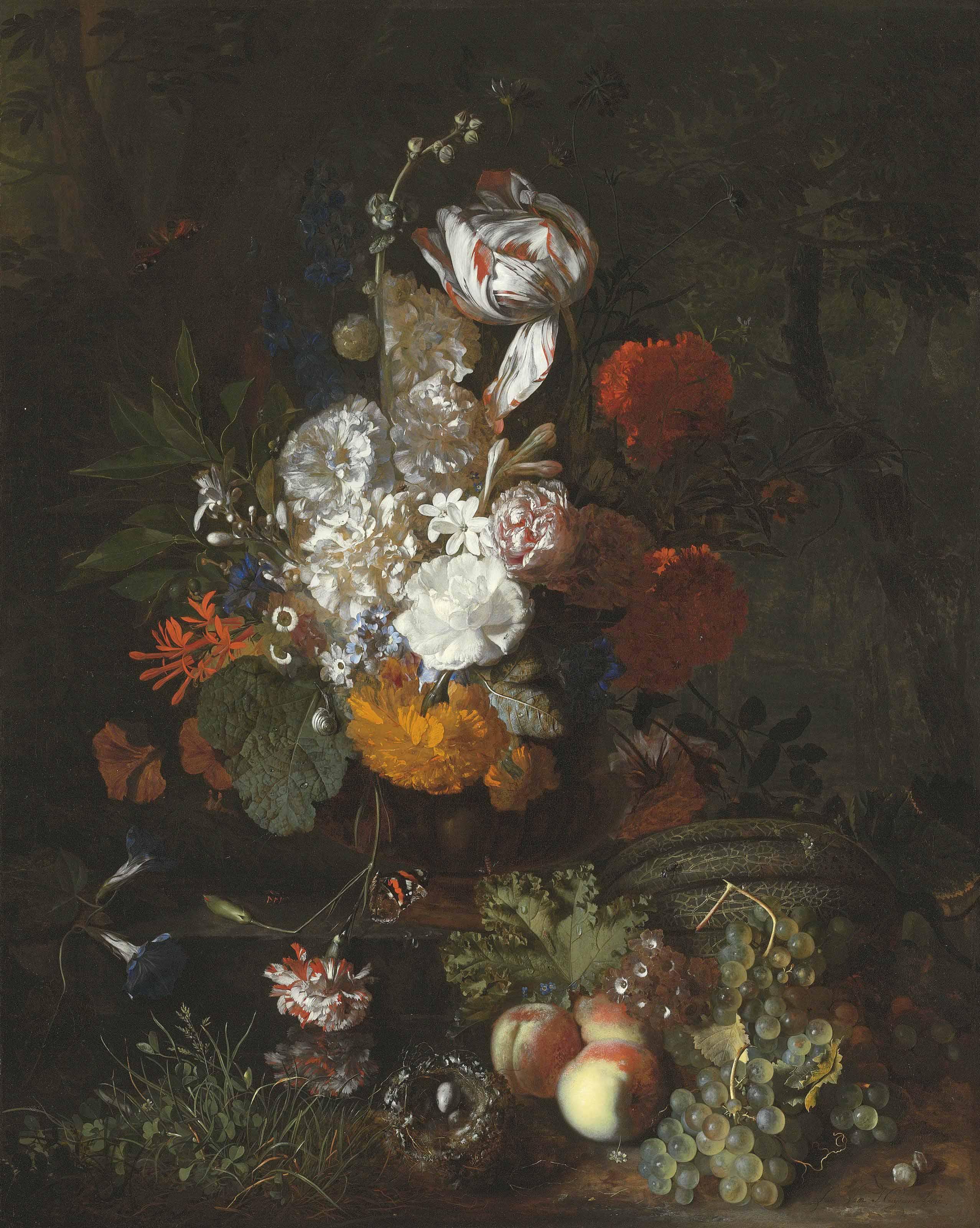 Jan van Huysum - A Still Life With Flowers And Fruits With A Bird\'S Nest And Eggs