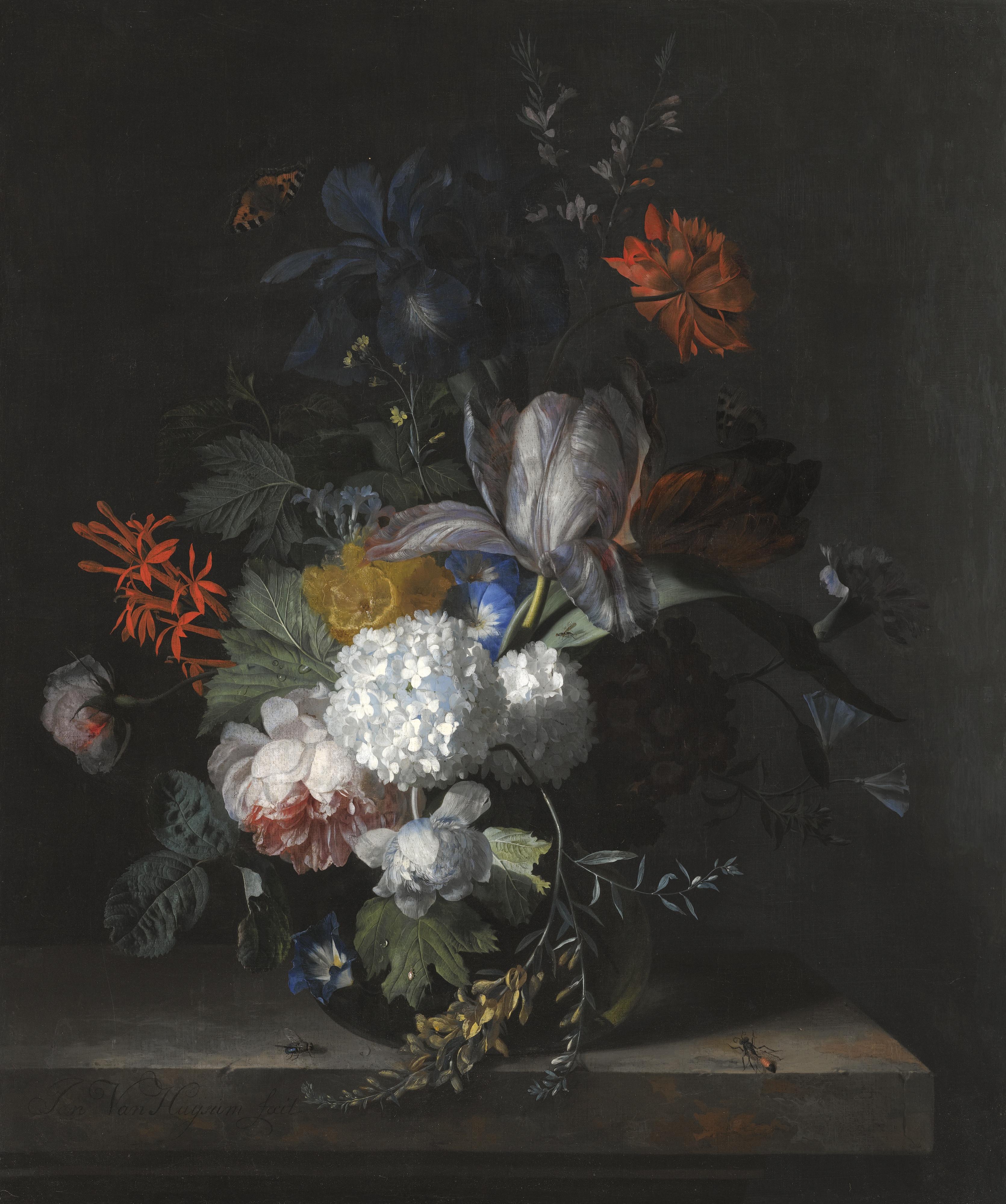 Jan Van Huysum - A Still Life With Hydrangea, Convolvulus, Polyanthus, Peonies, Auricula, Carnation, Tulips, Snowballs And Other Flowers In A Glass Vase Over A Stone Ledge With A Blubottle To The Left And A Hornet To The Right