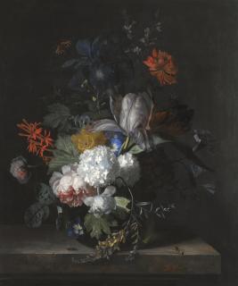 Jan Van Huysum - A Still Life With Hydrangea, Convolvulus, Polyanthus, Peonies, Auricula, Carnation, Tulips, Snowballs And Other Flowers In A Glass Vase Over A Stone Ledge With A Blubottle To The Left And A Hornet To The Right