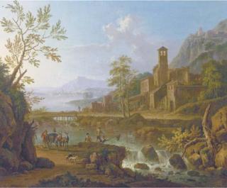 Jan van Huysum - An Italianate River Landscape With A Muleteer And Anglers, A Hilltop Town Beyond