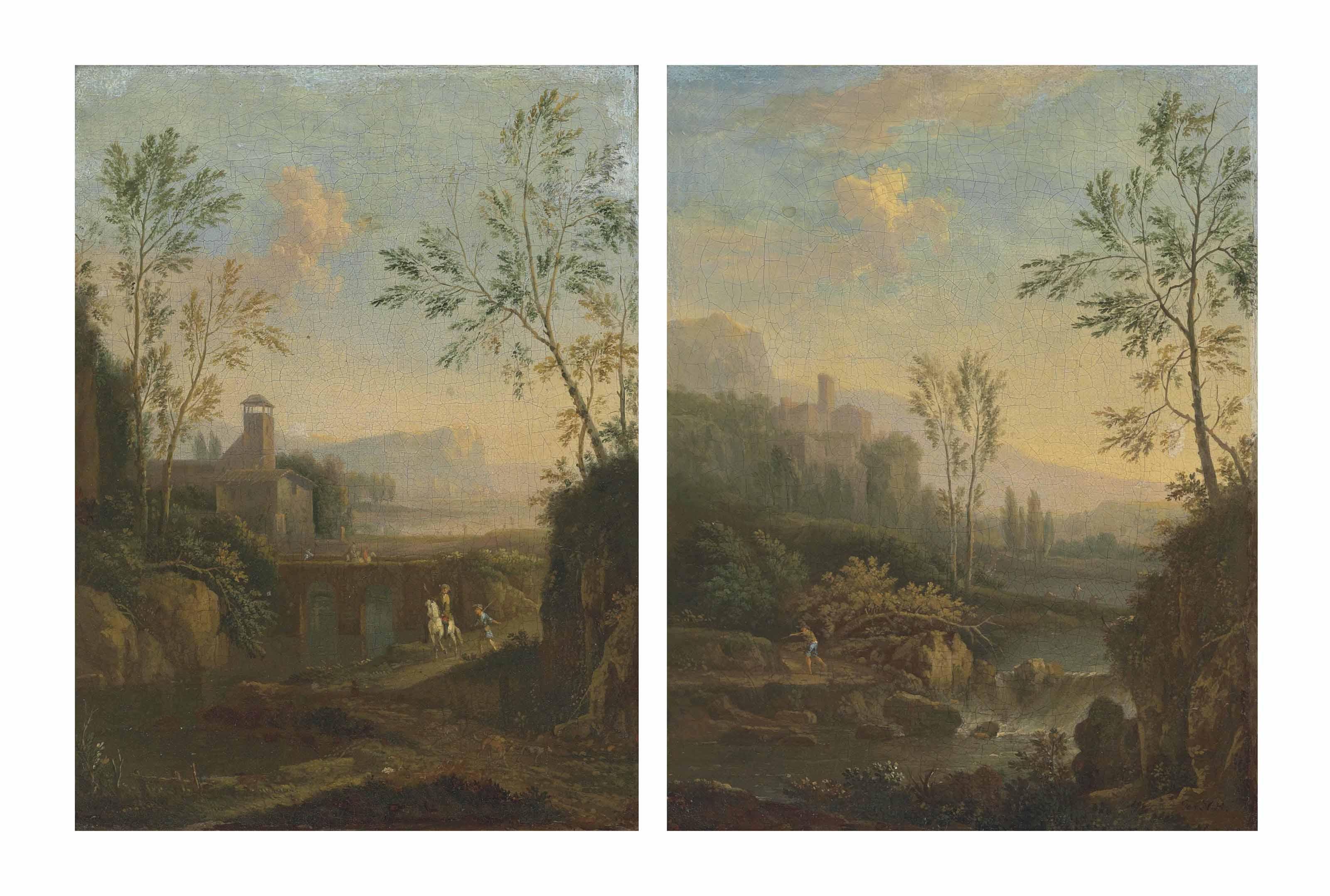 Jan Van Huysum - An Italianate River Landscape With A Waterfall And A Figure On A Path, A Villa And Mountains Beyond; And An Italianate River Landscape With Travellers Crossing A Bridge And A Figure On Horseback, A Villa Beyond