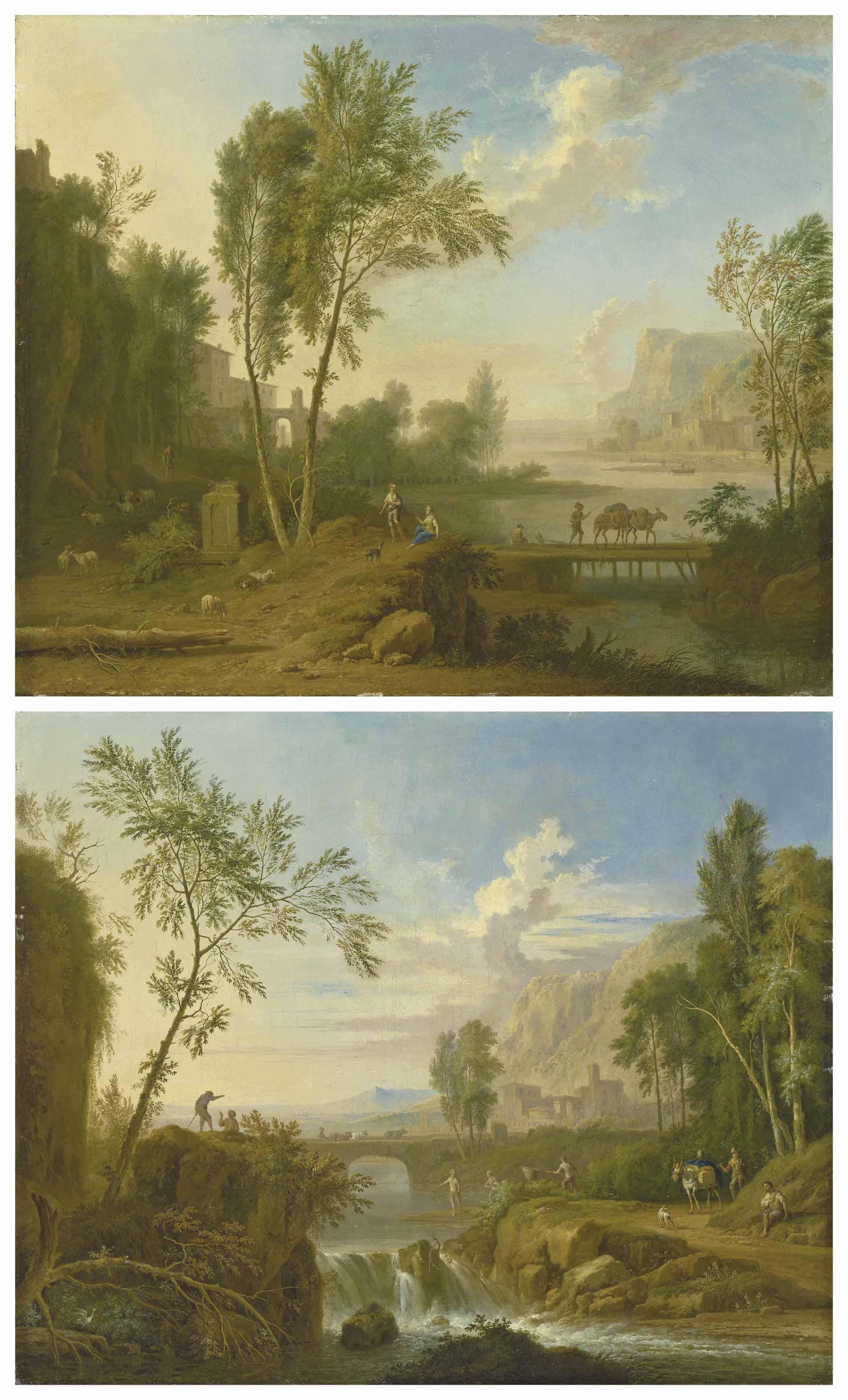 Jan Van Huysum - An Italianate river landscape with shepherds and mules crossing a bridge; and An Italianate river landscape with figures fishing by a waterfall, a town beyond