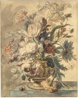 Jan van Huysum - Flowers in a terracotta urn on a marble ledge, a snail to the left