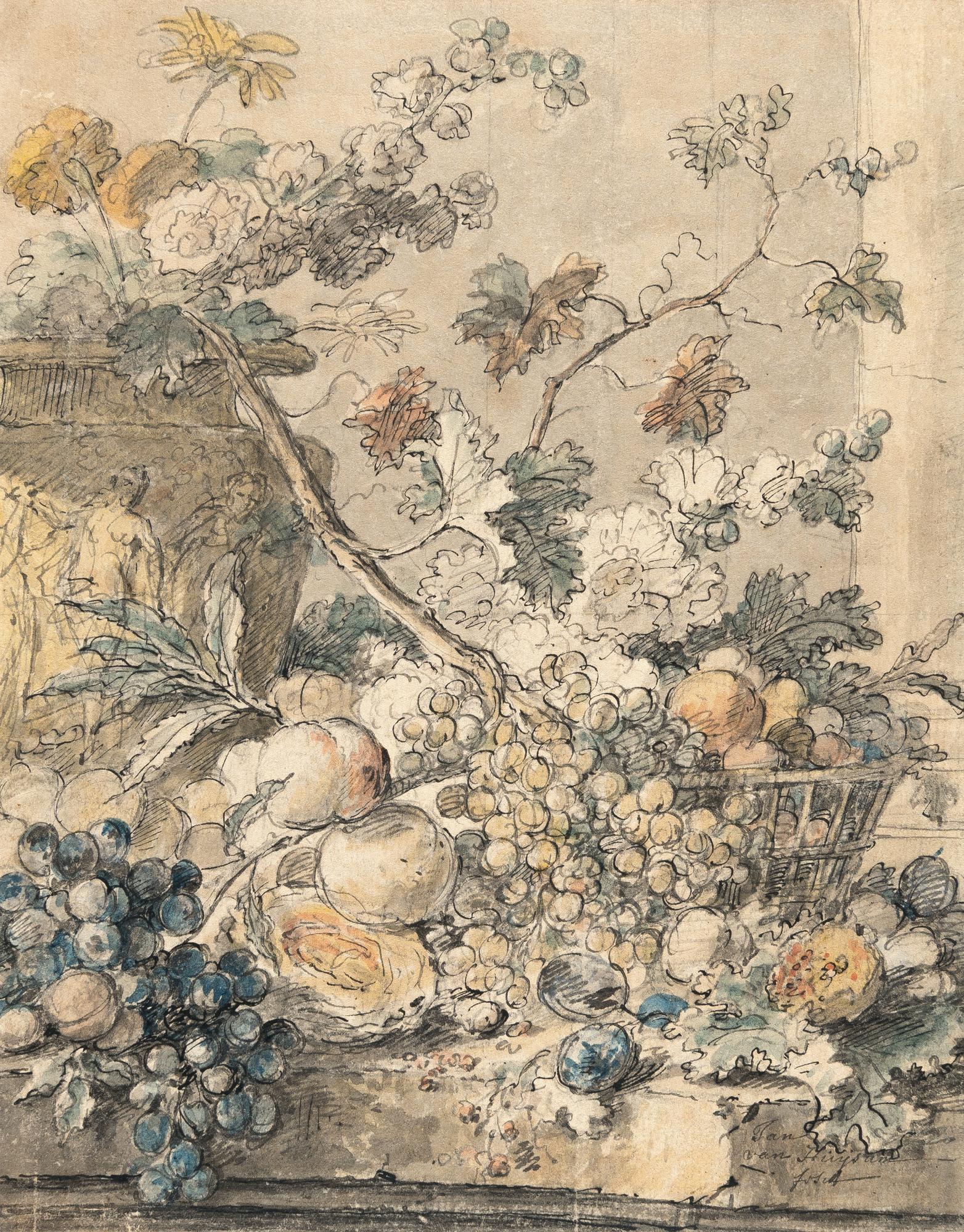 Jan van Huysum - Früchtestillleben mit Blumen und einer Vase