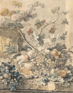 Jan van Huysum - Früchtestillleben mit Blumen und einer Vase