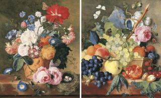 Jan Van Huysum - Roses and other flowers in a terracotta vase with a bird\'s nest on a marble ledge and; Fruit and peonies in a basket with hazelnuts on a marble ledge