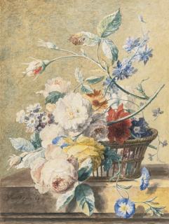 Jan Van Huysum - Roses And Other Flowers In An Open-Weave Basket
