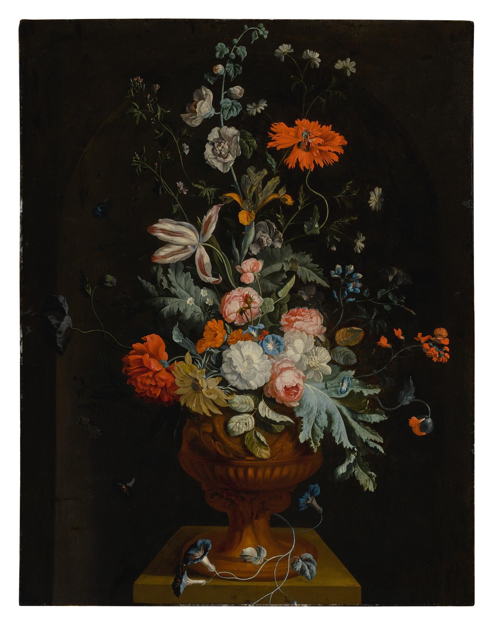 Jan Van Huysum - Still life of flowers in a terracotta vase before a stone niche