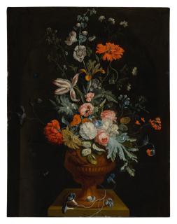 Jan Van Huysum - Still life of flowers in a terracotta vase before a stone niche