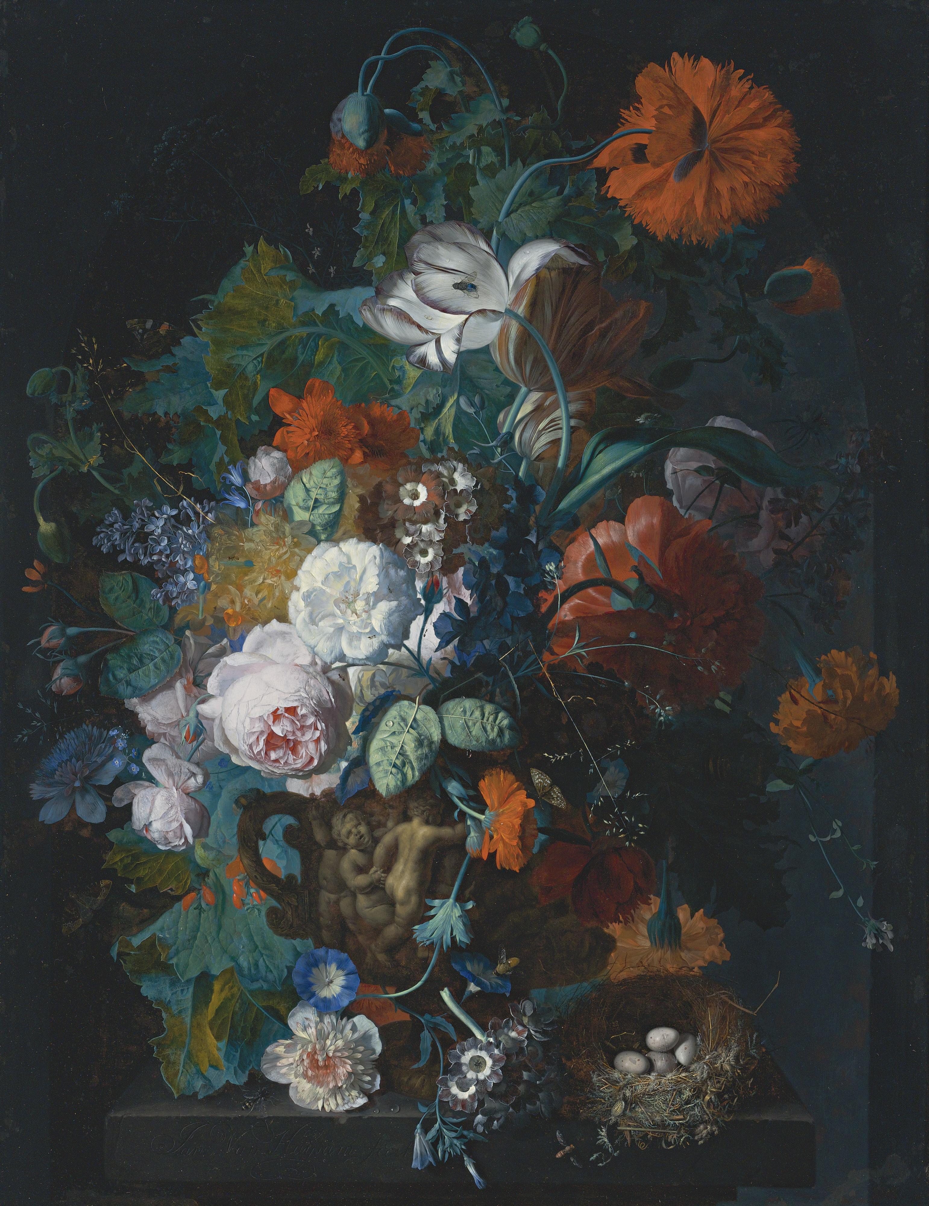 Jan Van Huysum - Still Life Of Roses, Tulips, Peonies And Other Flowers In A Sculpted Stone Vase, Together With A Bird\'S Nest On A Stone Pedestal Before A Niche