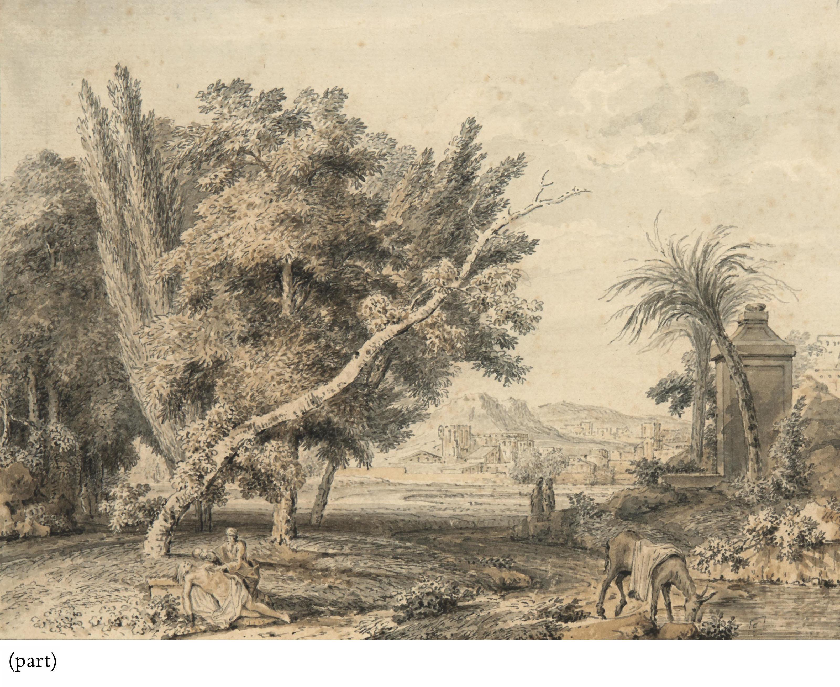 Jan Van Huysum - Un Vieil Homme Et Une Femme Dans Un Paysage; Et Un Homme Secourant Un Autre Homme Blessé Dans Un Paysage