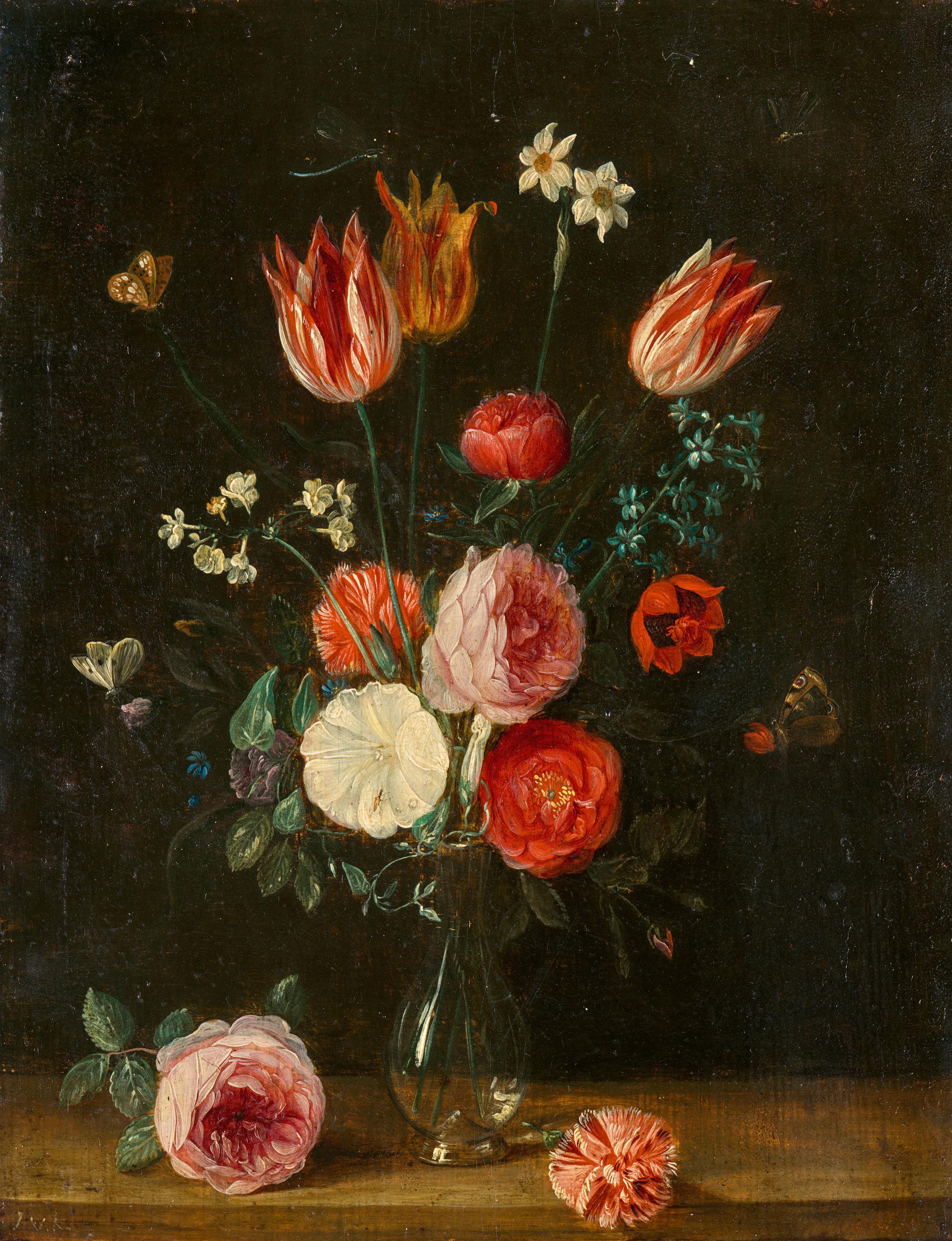 Jan van Kessel d. Ä. - Tulpen und Rosen in einer Glasvase