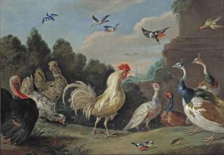 Jan Van Kessel I - A Cock, Hens, A Turkey, Guinea Fowl, Finches And Other Birds By A Plinth In A Wooded Landscape