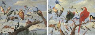 Jan Van Kessel I - A Concert of Birds: An owl, pidgeon, canary, peacock and other birds on a tree branch; Bluebirds, a parrot, a macaw, a tucan and other birds on a tree branch