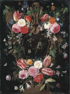 Jan Van Kessel I - A Garland of Tulips, Roses, Morning Glory, An Iris, Clematis And Other Flowers Surrounding A Sculpted Stone Cartouche With A Red Admiral, A Common Blue And Other Butterflies And Insects