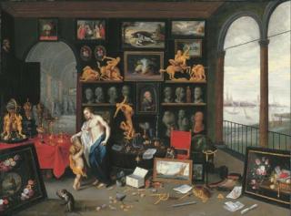 Jan van Kessel I - An Allegory of Sight: a collector\'s cabinet, a view of Antwerp beyond