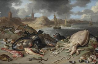 Jan van Kessel I - An allegory of water: a squid, a seal, a turtle, eels, oysters and other fish and shellfish in the dunes of Scheveningen, shipping beyond