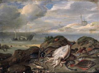 Jan Van Kessel I - Cuttle-fish, plaice, cod, oysters, mussels and other fish on a dune, a river estuary with shipping beyond