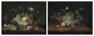 Jan van Kessel I - Grapes, peaches, cranberries, flowers and butterflies, in a porcelain bowl on a wooden ledge; and Grapes, blackberries, cherries, butterflies and a walnut in a porcelain bowl on a wooden ledge