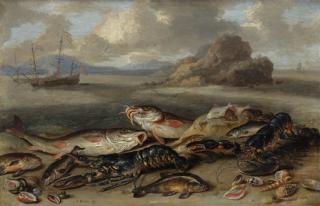 Jan van Kessel I - Lobsters, red mullet, halibut, flounder and other fish, with sea shells on a beach, shipping beyond