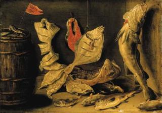 Jan Van Kessel I - Plaice, skate and other fish beside a barrel