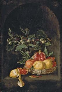 Jan van Kessel I - Plums and hazelnuts on a tazza, with lemons, oranges and a pomegranate in a basket on a table, with a partly-peeled lemon and a pomegranate segment