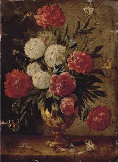 Jan van Kessel I - Roses, carnations, morning-glory and other flowers with ants in a gold sculpted urn, with a caterpillar and butterflies on a wooden ledge