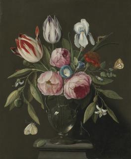 Jan Van Kessel I - Roses, tulips, an iris and other flowers in a glass vase on a stone plinth with butterflies and other insects