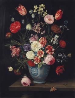 Jan Van Kessel I - Roses, Tulips, Carnations An Iris And Other Flowers In A Chinese Transitional Blue And White Jardiniere With Moths And Other Insects On A Ledge