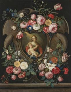 Jan van Kessel I - The Virgin and Child in a sculpted cartouche, surrounded by garlands of flowers