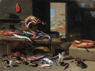 Jan Van Kessel II - Cats chasing eel, octopus, crab falling from an upturned basket, with a crayfish, sturgeon and other fish on a table nearby, in a larder