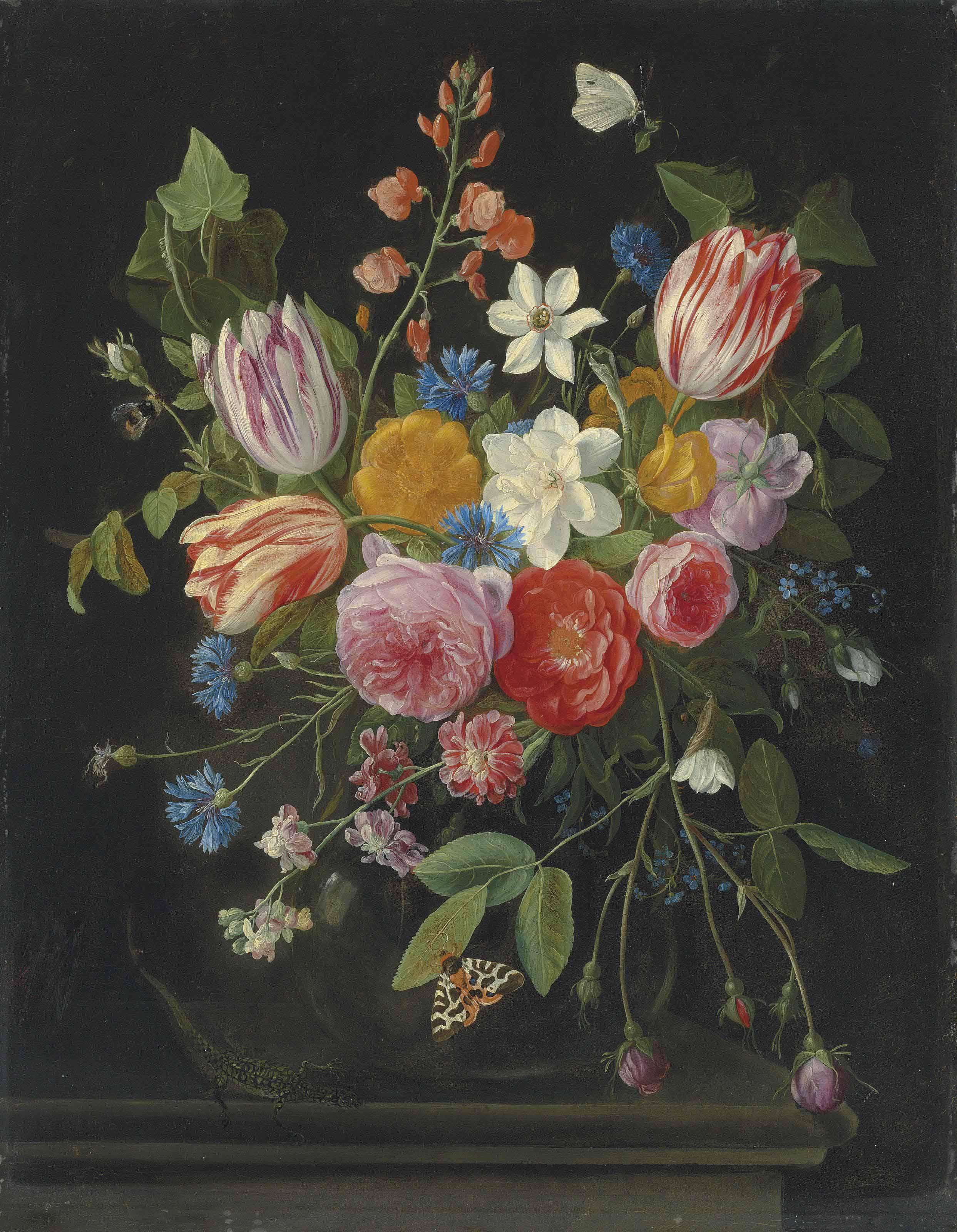 Jan van Kessel II - Tulips, peonies, chicory, carnations, cherry blossom and other flowers in a glass vase, with butterflies, a bee and a lizard on a ledge