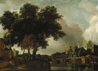 Jan Van Kessel III - A wooded river landscape with a stone bridge, a church beyond