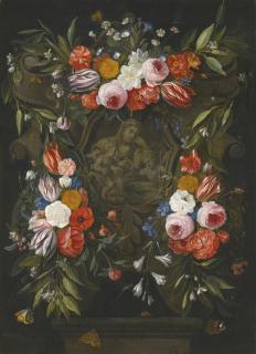 Jan Van Kessel The Elder - A Garland Of Flowers Around A Stone Cartouche Depicting The Virgin And Child And Saint John