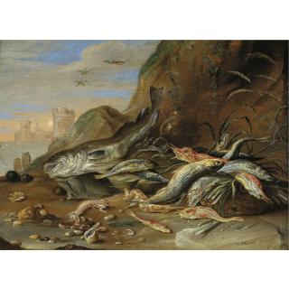 Jan van Kessel the Elder - A Seashore With A Still Life Of Fish, Crustaceans And Other Sea Creatures 