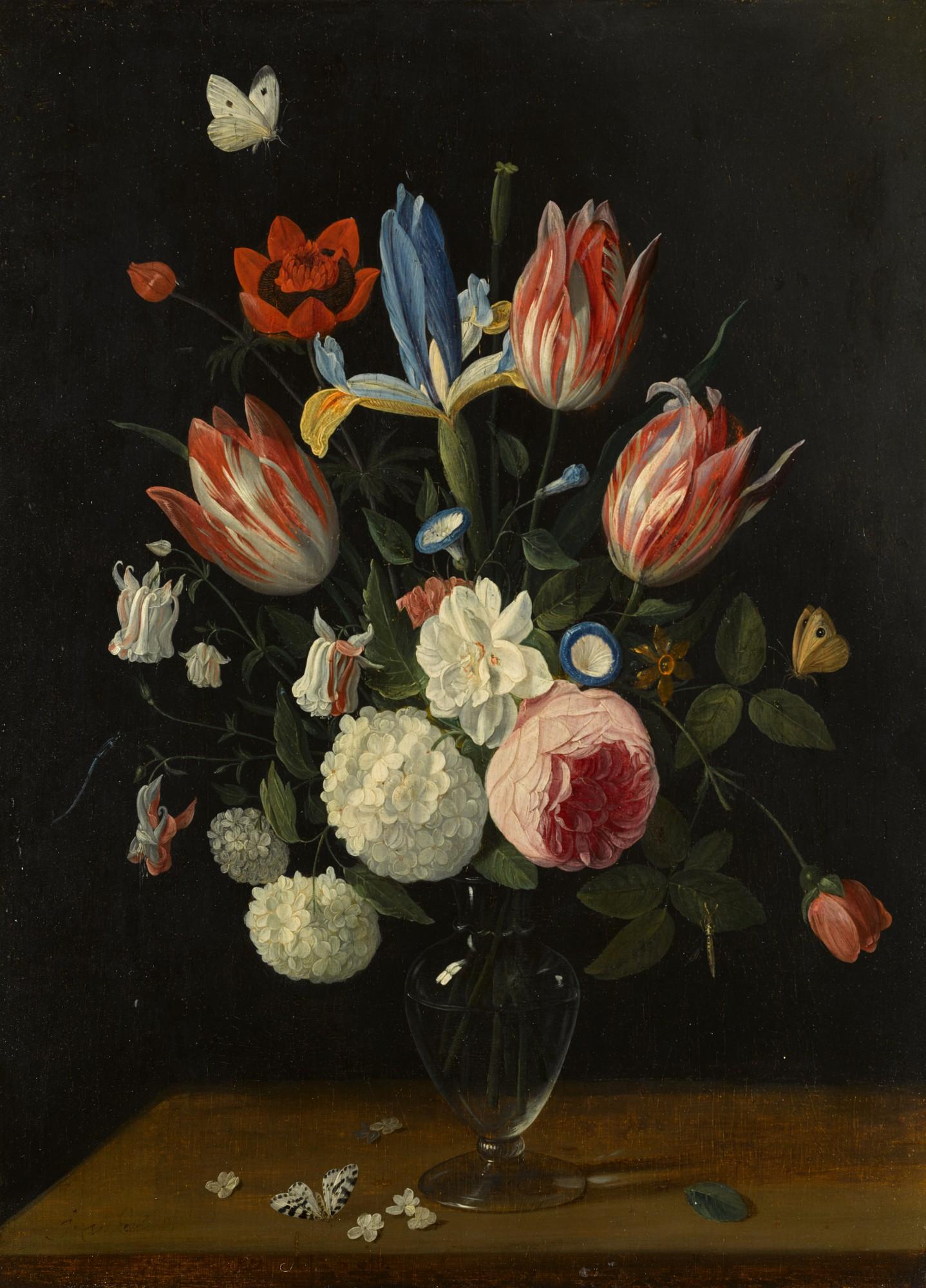 Jan van Kessel the Elder - A still life of spring flowers in a glass vase on a table