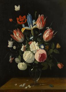 Jan van Kessel the Elder - A still life of spring flowers in a glass vase on a table