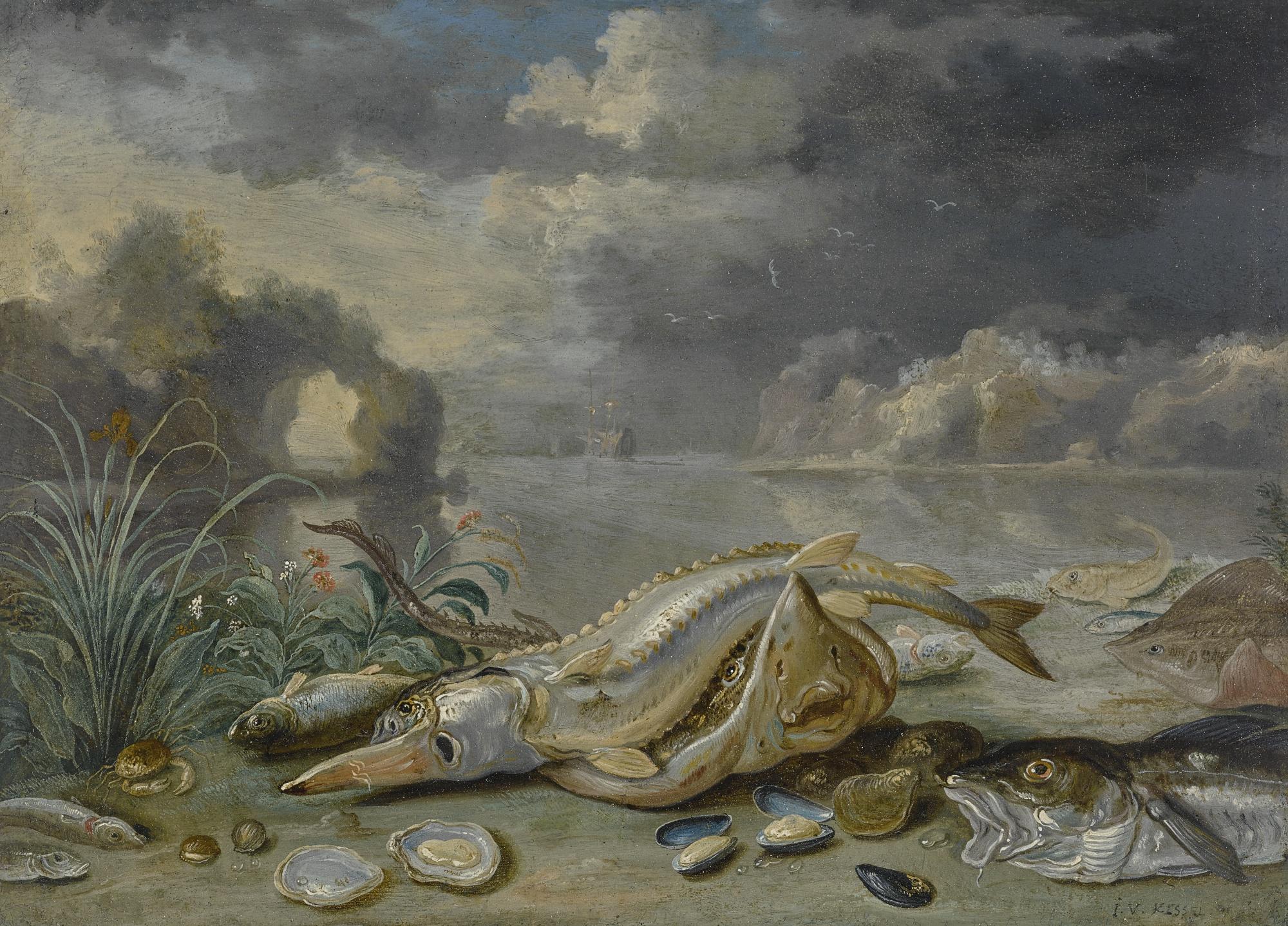Jan Van Kessel The Elder - A Sturgeon And Thornback Ray With A Cod, Oysters, Mussels And Other Fish On A Seashore, A Ship In The Distance