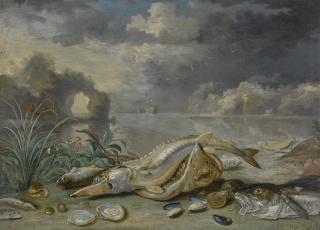 Jan Van Kessel The Elder - A Sturgeon And Thornback Ray With A Cod, Oysters, Mussels And Other Fish On A Seashore, A Ship In The Distance