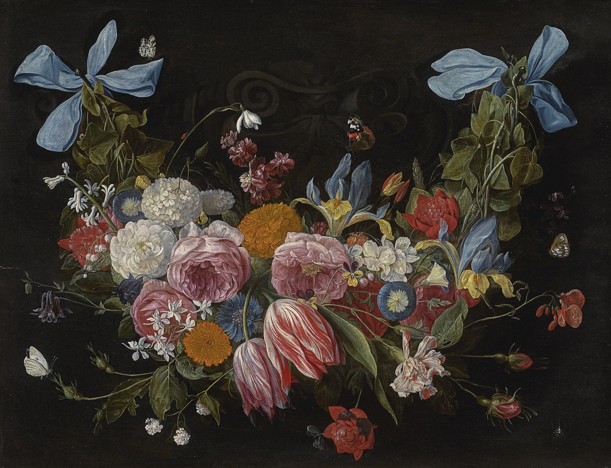 Jan Van Kessel The Elder - A Swag Of Flowers Fixed With Two Blue Ribbons