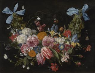 Jan Van Kessel The Elder - A Swag Of Flowers Fixed With Two Blue Ribbons