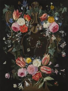 Jan van Kessel the Elder - An Ivy Covered Sculpted Cartouche Adorned With Flowers Including Roses, Tulips, Lilies, Blossom And An Iris
