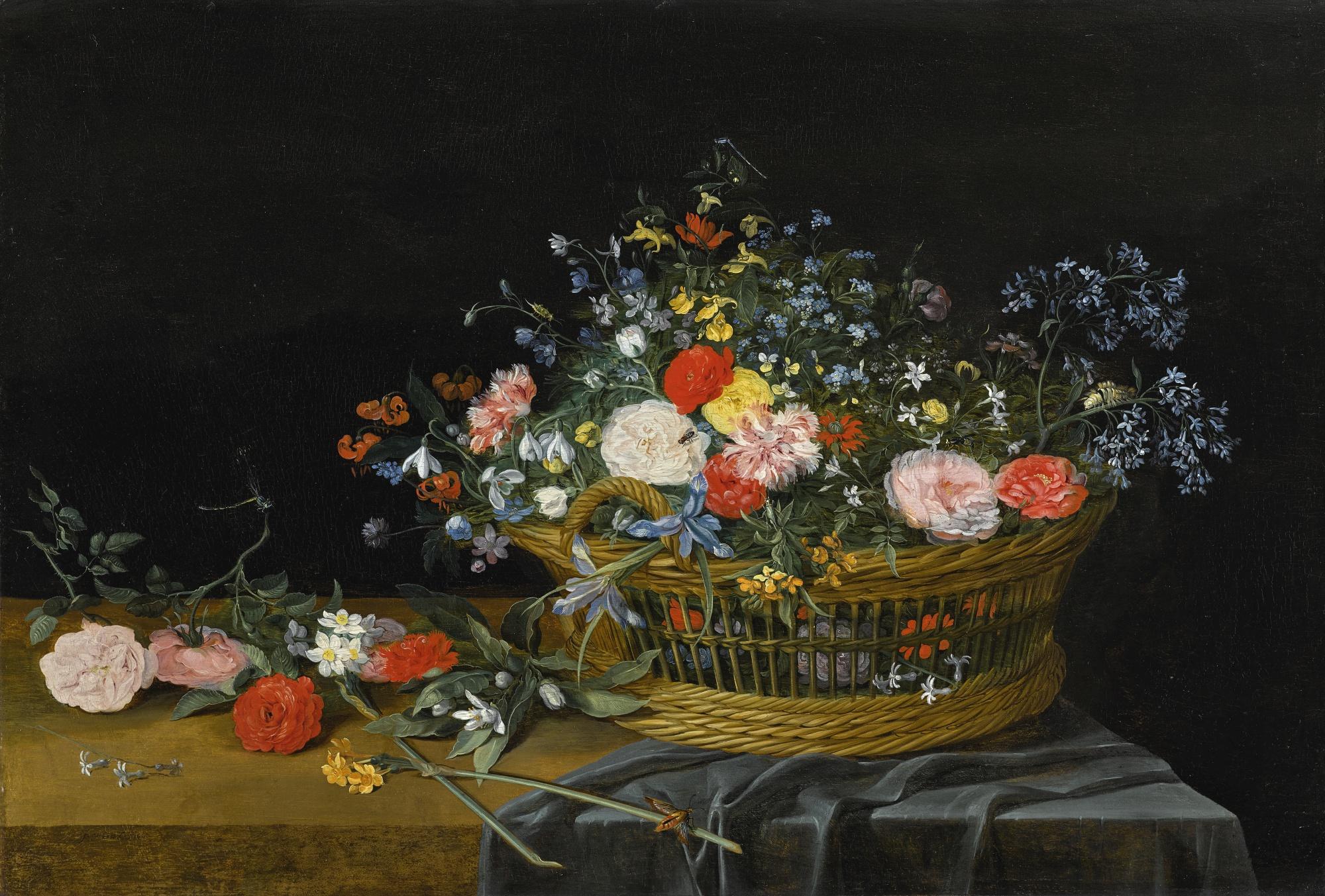 Jan Van Kessel The Elder - Flowers In A Basket On A Partly Draped Table