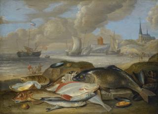 Jan Van Kessel The Elder - Still Life Of Fish In A Harbor Landscape, Possibly An Allegory Of The Element Of Water