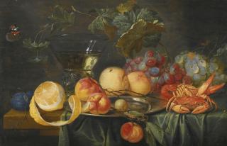 Jan Van Kessel The Elder - Still Life Of Peaches, Plums, Grapes And A Lemon, With A Crab, A Lobster, And A Glass Roemer, On A Partly Draped Table