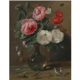Jan van Kessel the Elder - Still Life Of Roses In A Glass Vase With Numerous Insects, Including Butterflies, A Ladybird, A Bee And A Dragon Fly, Together With Further Insects And Small Songbirds, Including Two Bluetits